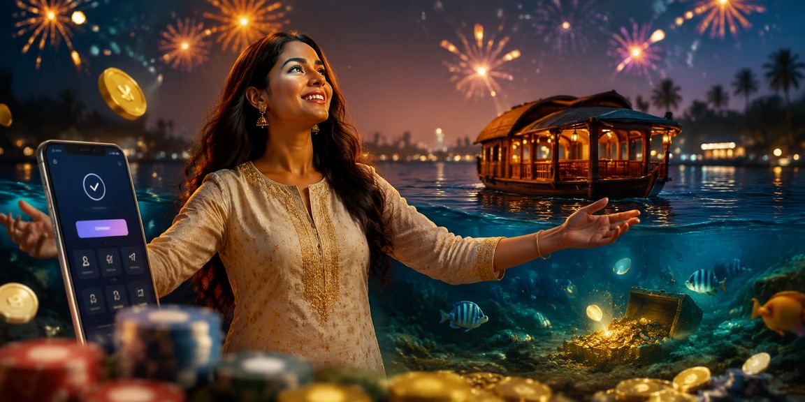 Scenic Kerala backwaters with fishing game imagery